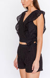 Black Eyelet Matching Set with Tie Waist & Flutter Sleeves