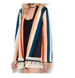 Miru Knit Multicolor Stripe Open Front Cardigan with Fringe Tassel Hem