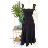 Black Textured Poplin Tiered Ruffle Hem Midi Dress with Smocked Ruffle Bodice, Shoulder Ties & POCKETS