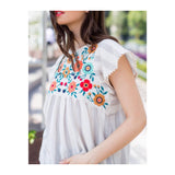 Cloud Grey Stripe Floral Embroidered Babydoll Top