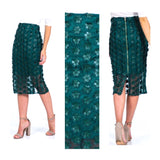 Green Midi Pencil Skirt with Flower Appliqués, Sheer Overlay & Exposed Gold Zipper