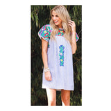 Blue & White Pinstripe Multicolor Embroidered Textile Short Sleeve Shift Dress