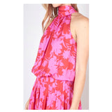 Pink & Red Floral Print Mock Neck Pleated Hem Dress with BOW BACK