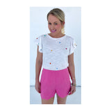 White Embroidered Multicolor Dot Knit Tee