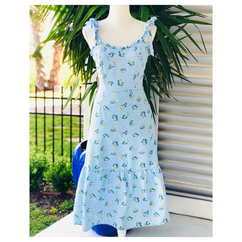 Baby Blue Green & Yellow Floral Print Ruffle Hem Midi Dress with Ruched Bust  & Shoulder Ties - James Ascher