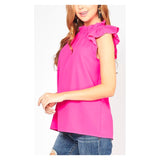 Hot Pink Ruffle Neck Sleeveless Top with Grommet Keyhole Back