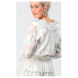 Ivory & Silver Lurex Smocked Waist Ruffle Hem Dress with Semi Sheer Sleeves