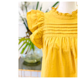 Marigold Textured Pintuck Top with Layered Ruffle Sleeves & Button Back