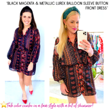 Black Magenta & METALLIC LUREX Balloon Sleeve Button Front Dress