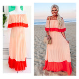 Peach & Coral Pleated Off the Shoulder Maxi Dress