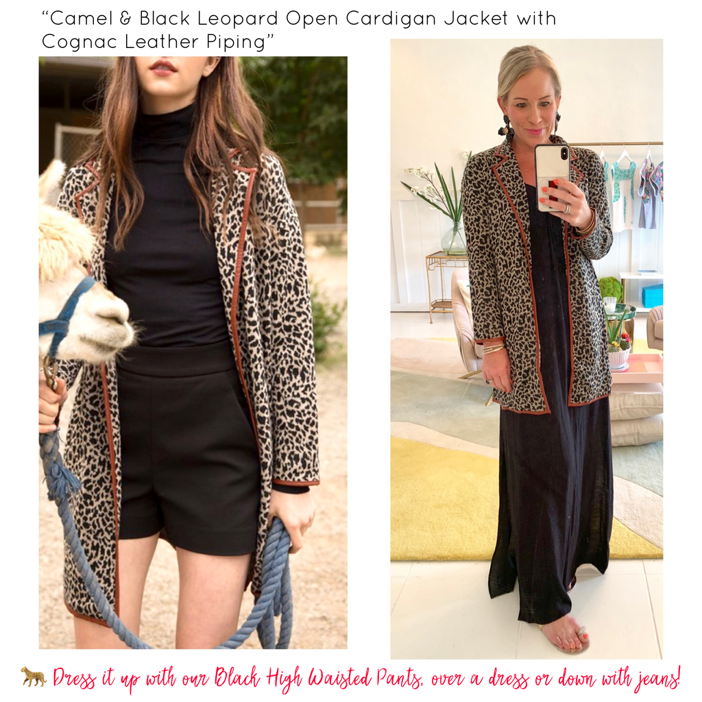 Camel & Black Leopard Heavy Knit Cardigan Jacket with Cognac