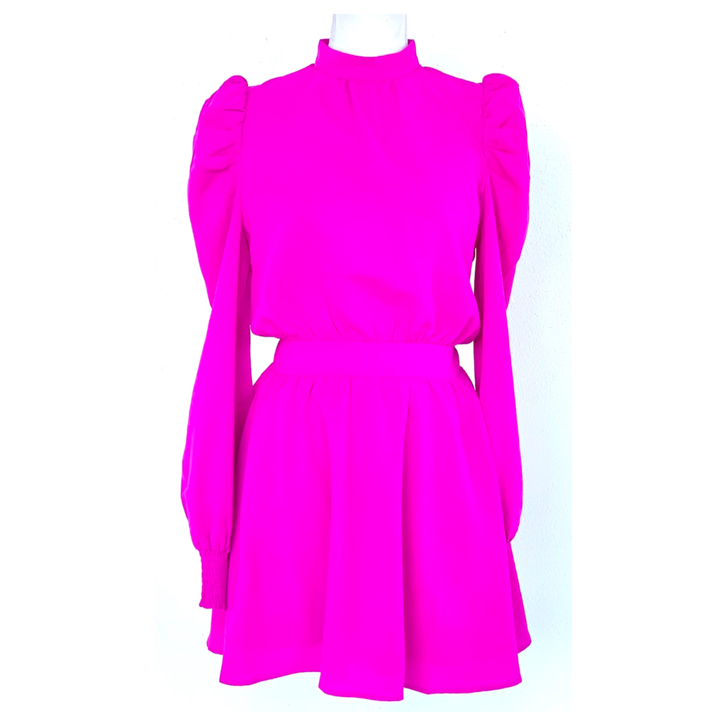 Hot Pink Puff Sleeve Fit & Flare Dress with Smocked Waist & Keyhole Back - James Ascher Hot Pink Puff Sleeve Fit & Flare Dress with Smocked Waist & Keyhole Back - James Ascher