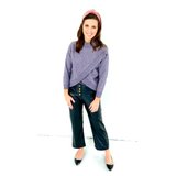 Grey Cashmere Soft Crisscross Sweater with Ribbed Trim Contrast