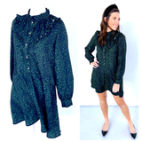 Forest Green Subtle Cheetah Print Dress with Ruffle Bust Trim & Gold Button Detail