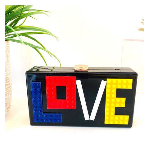 Designer Inspired Black Acrylic Lego LOVE Crossbody Clutch