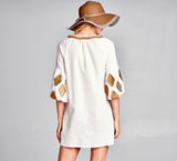 White and Gold Embroidered Tunic Dress with Tassel Tie & Fringe Detail