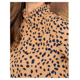 Caramel & Navy Smocked Ruffle Neck Blouse with Shoulder Button Detail