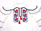 White Tiered Cold Shoulder Top with Navy RicRac Trim + Deep Coral Embroidery & Tassel Tie
