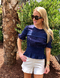 Navy Eyelet Top with Smocked Waist & Bust & Keyhole Back