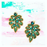 Emerald Gemstone Gold & Pearl Accented Palm Leaf Earrings