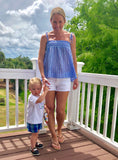 Blue White Stripe Smocked Cami with Shoulder Ties