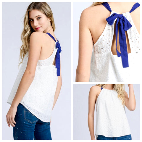 White Eyelet Halter Top with Blue Bow Tie Back