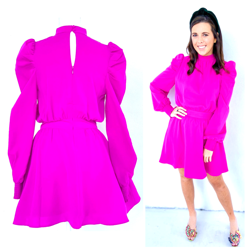 Hot Pink Puff Sleeve Fit & Flare Dress with Smocked Waist & Keyhole Back - James Ascher Hot Pink Puff Sleeve Fit & Flare Dress with Smocked Waist & Keyhole Back - James Ascher