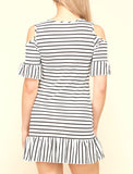 Black White Stripe Cold Shoulder Dress with Ruffle Hem