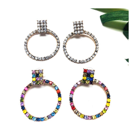 Solitaire Rhinestone OR Multi Crystal Gemstone Open Circle Earrings with Square Cluster Post