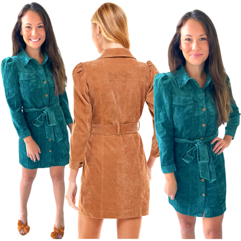 Camel or Green Puff Sleeve Corduroy Milly Dress