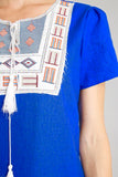 Royal Blue Linen Embroidered Shift Dress with Tassel Tie