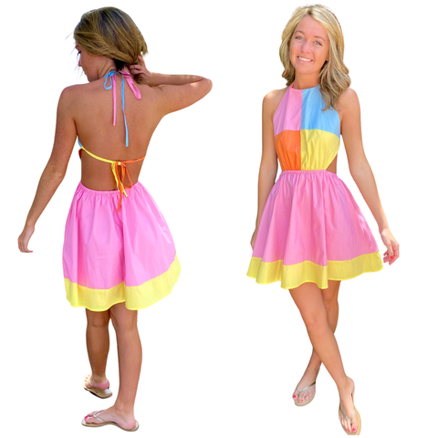 Pink Blue Orange & Yellow Colorblock Open Back Cammie Dress