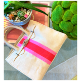 Handmade Beaded Pink Red Cabana Stripe Canvas Bag