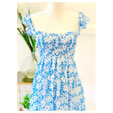Blue & White Floral Print Smocked Bodice Flutter Sleeve Maxi Dress