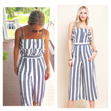Navy White Stripe Button Front Jumpsuit with Ruffle Bust