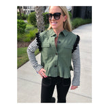Olive Green & Black & White Stripe Shirttail Cuff Jacket / Top with Black Tassels