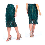Green Midi Pencil Skirt with Flower Appliqués, Sheer Overlay & Exposed Gold Zipper