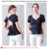 Black Puff Sleeve Shirred Peplum Top with Double Bow Back