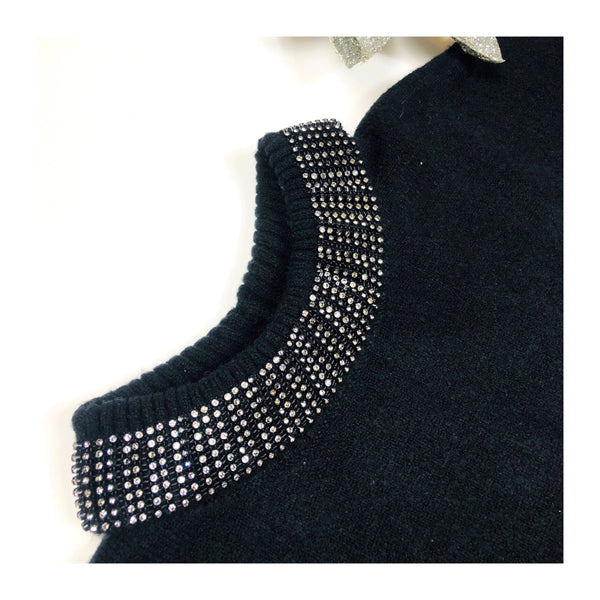 Black Heavy Soft Knit Sweater with RHINESTONE Wide Round Collar - James ...