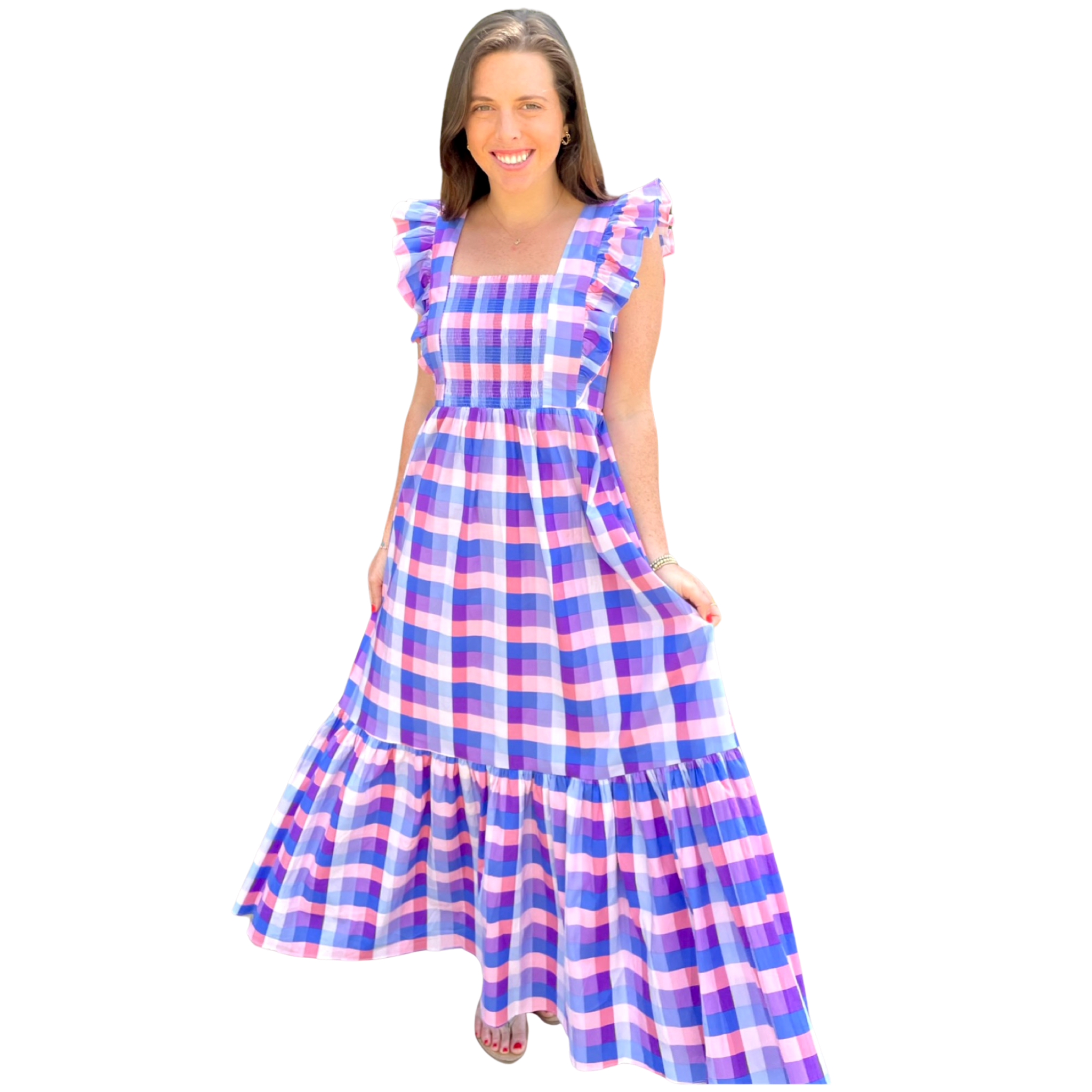 Pink Purple & Blue Check Flutter Sleeve Tate Dress - James Ascher