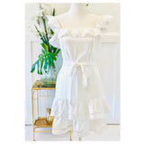 White Flutter Sleeve Midi Dress with Ladder Trimmed Double Ruffle Hem & Smocked Back
