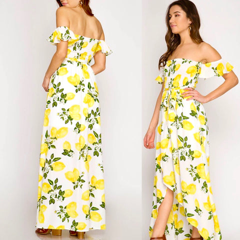 Lemon Print Off the Shoulder Smocked High Low Maxi Dress with Self Tie Waist 🍋