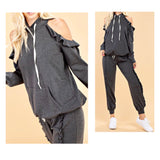 Charcoal Grey French Terry Cold Shoulder Sweatshirt with Ruffle Trim (Matching Pants Sold Separately)