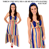 Rainbow Stripe Ruffle Hem A-Line Midi Dress with Adjustable Bow Front