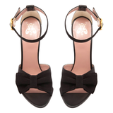 Black Napa Leather Greta Heels with Grosgrain Ribbon  Bow & ankle Strap, Handmade in Italy