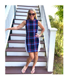 Navy Plaid Tweed Shirttail Back A-Line Shift Dress with Self Tie Belt