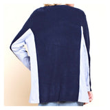 Navy Blue Button Front Cardigan with Blue Pinstripe Shirttail Contrast