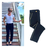 Navy Pants with Metallic Gold Leg Embroidery with Gold Waist Buttons & Pockets