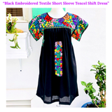 Black Embroidered Textile Short Sleeve Tencel Shift Dress