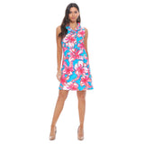 Turquoise & Pink Floral High Ruffle Neck Shift Dress